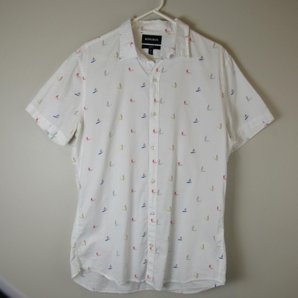 BONOBOS Mens Shirt Long Large Surfer Print Slim Fit Preppy Short Sleeve White
